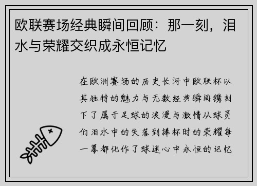 欧联赛场经典瞬间回顾:那一刻,泪水与荣耀交织成永恒记忆 欧联赛场经典瞬间回顾:那一刻,泪水与荣耀交织成永恒记忆