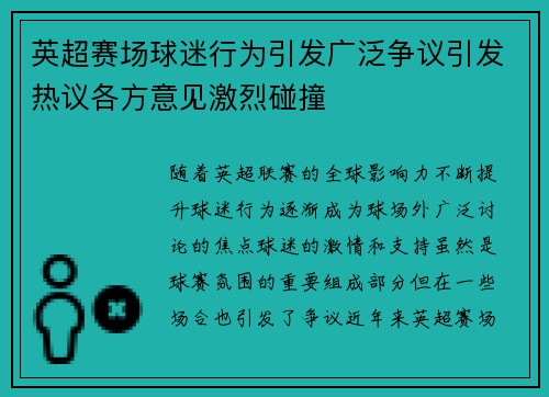 英超赛场球迷行为引发广泛争议引发热议各方意见激烈碰撞